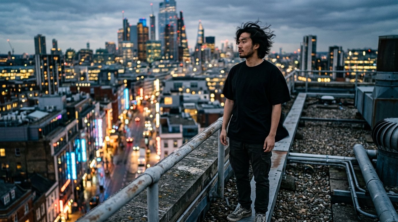 Rooftop at dusk in a plain black tee