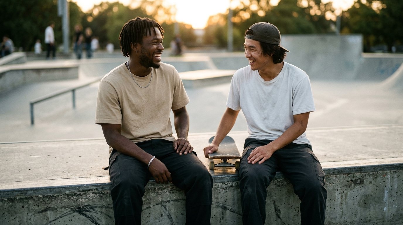 Friends at the skate park, golden hour